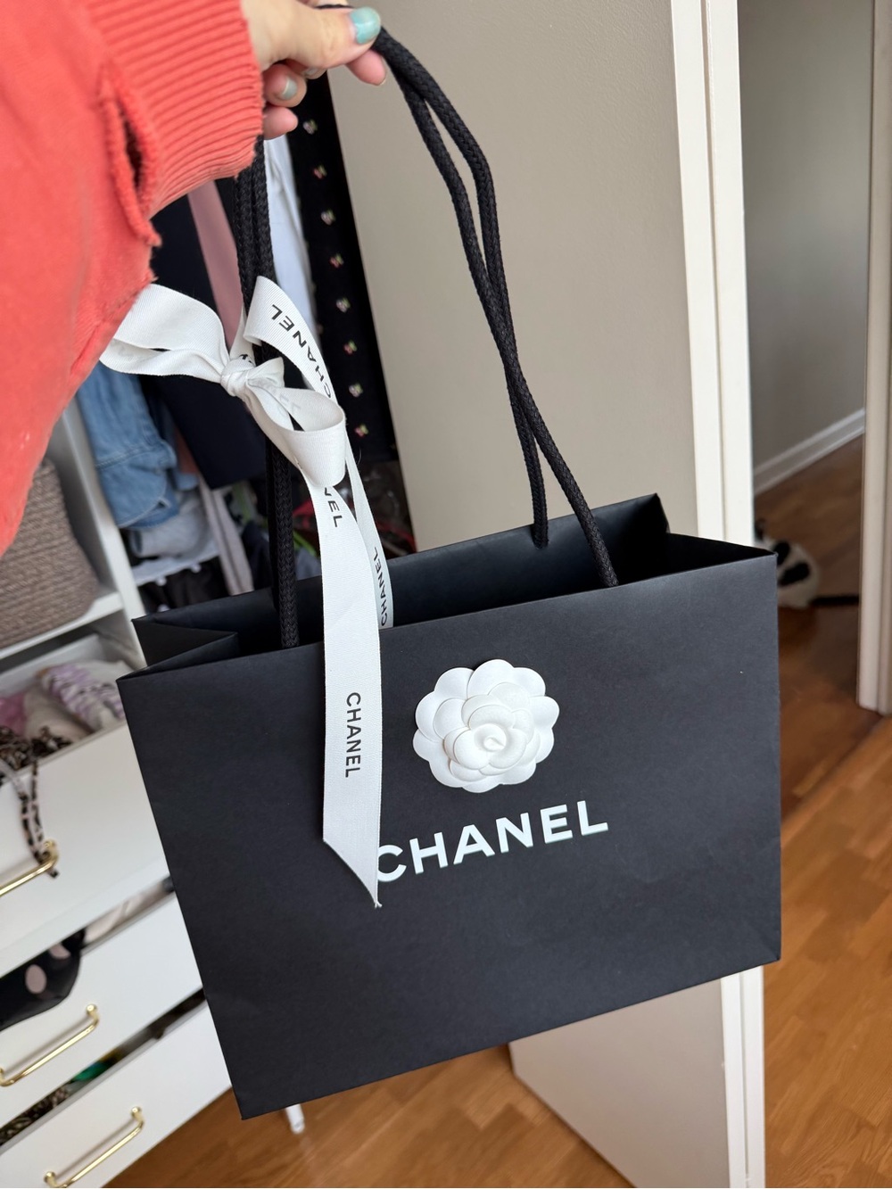 CHANEL Black Shopping Bag with White Camellia and Ribbon